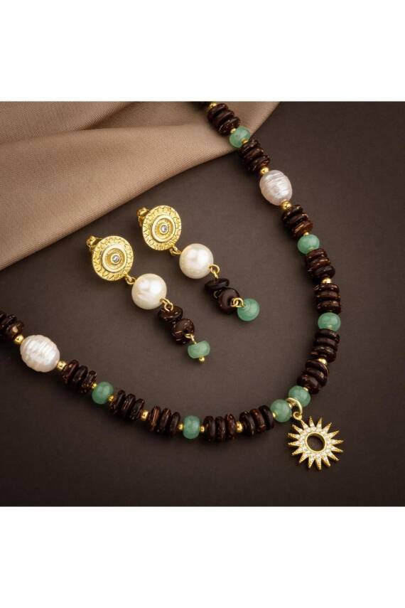 Hindistan Cevizi Kabuğu-Yeşil Aventurin-İnci Doğal Taş Gümüş Tasarım Kolye Küpe Seti - 3