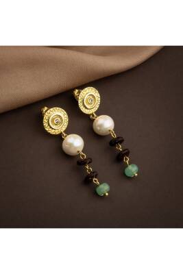 Hindistan Cevizi Kabuğu-Yeşil Aventurin-İnci Doğal Taş Gümüş Tasarım Kolye Küpe Seti - 4