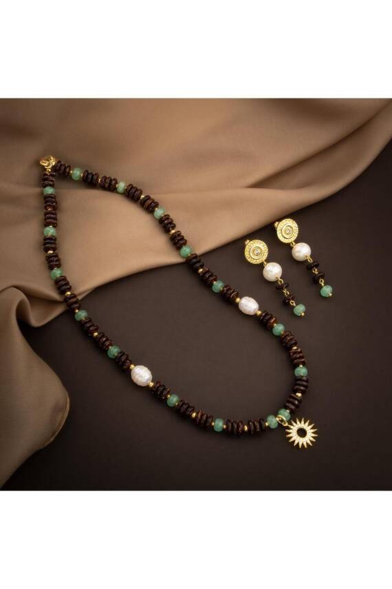 Hindistan Cevizi Kabuğu-Yeşil Aventurin-İnci Doğal Taş Gümüş Tasarım Kolye Küpe Seti - 5