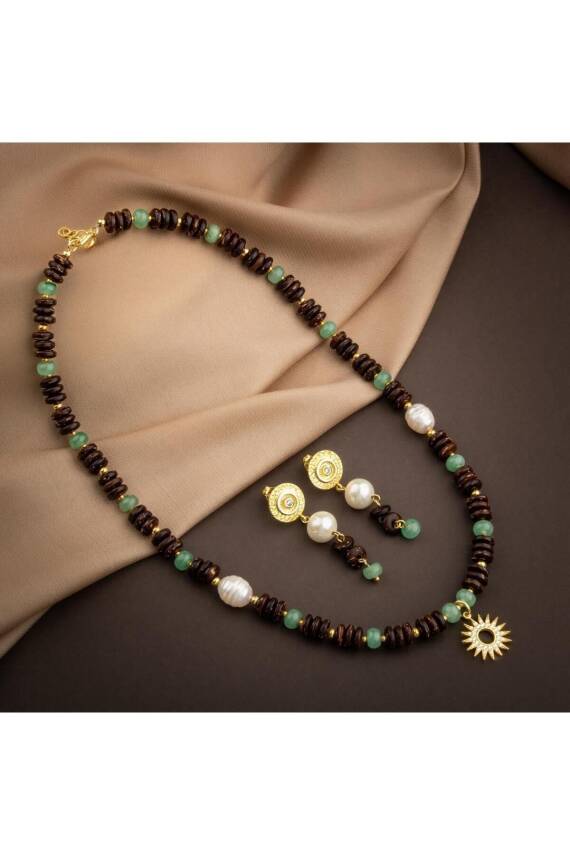 Hindistan Cevizi Kabuğu-Yeşil Aventurin-İnci Doğal Taş Gümüş Tasarım Kolye Küpe Seti - 6