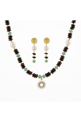 Hindistan Cevizi Kabuğu-Yeşil Aventurin-İnci Doğal Taş Gümüş Tasarım Kolye Küpe Seti - 7