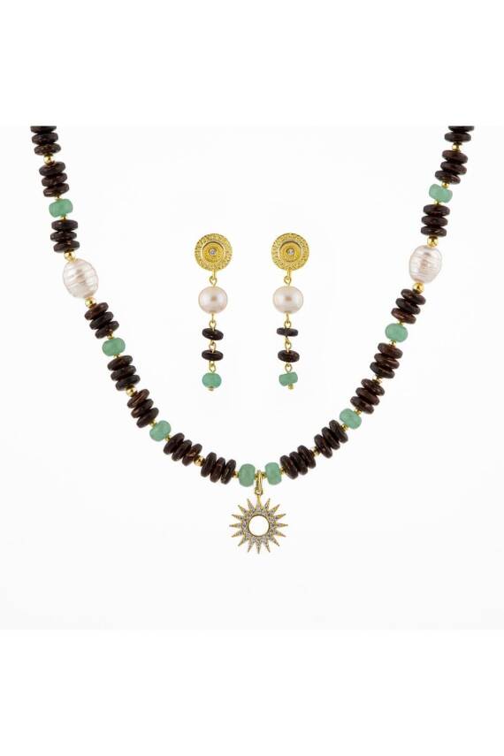 Hindistan Cevizi Kabuğu-Yeşil Aventurin-İnci Doğal Taş Gümüş Tasarım Kolye Küpe Seti - 7