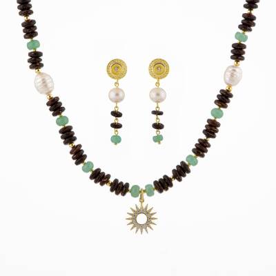 Hindistan Cevizi Kabuğu-Yeşil Aventurin-İnci Doğal Taş Gümüş Tasarım Kolye Küpe Seti - Osmanlı Doğaltaş