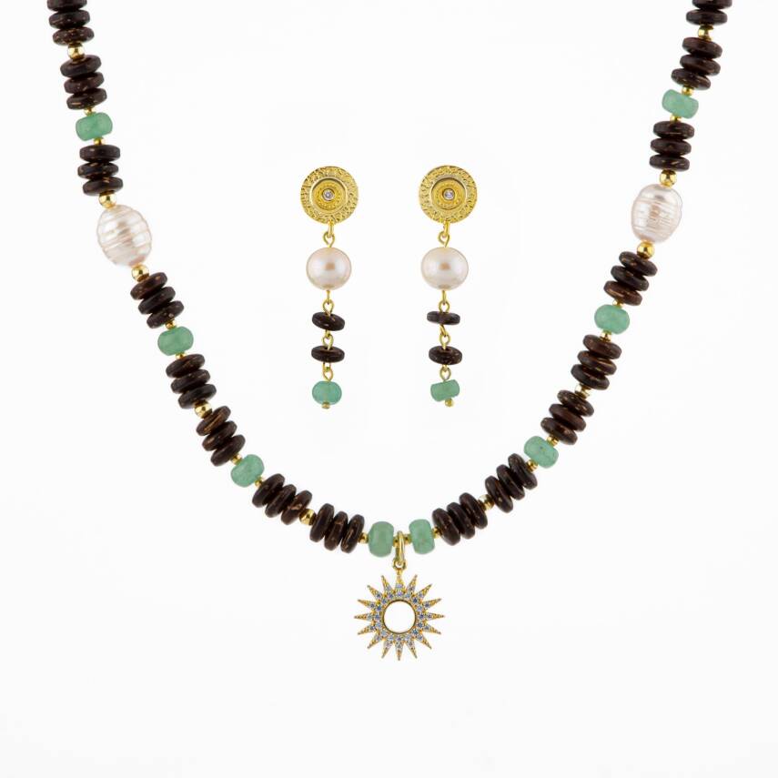 Hindistan Cevizi Kabuğu-Yeşil Aventurin-İnci Doğal Taş Gümüş Tasarım Kolye Küpe Seti - 1