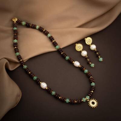 Hindistan Cevizi Kabuğu-Yeşil Aventurin-İnci Doğal Taş Gümüş Tasarım Kolye Küpe Seti - 2