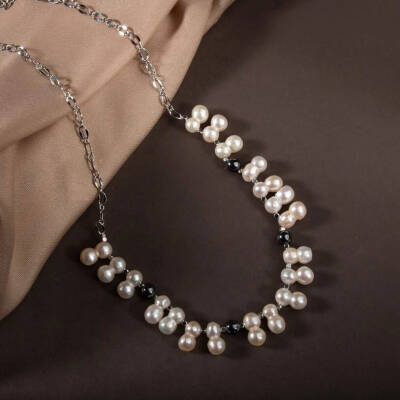 İkili Taş İnci-Hematit Doğal Taş Zincir Gümüş Kapama Kolye - Osmanlı Doğaltaş