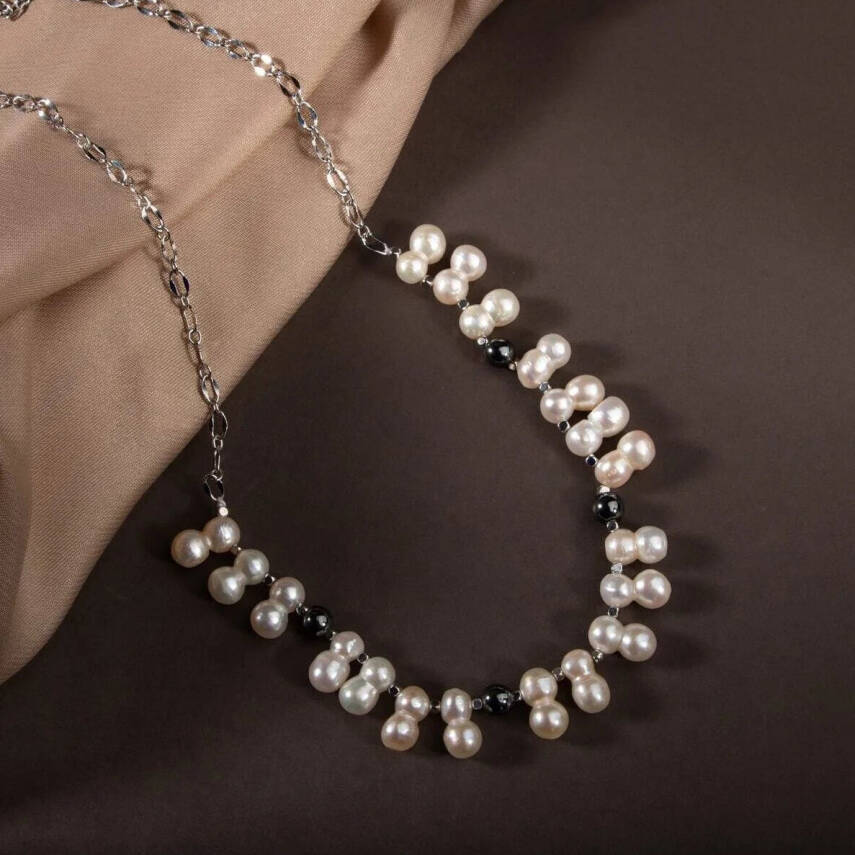 İkili Taş İnci-Hematit Doğal Taş Zincir Gümüş Kapama Kolye - 1