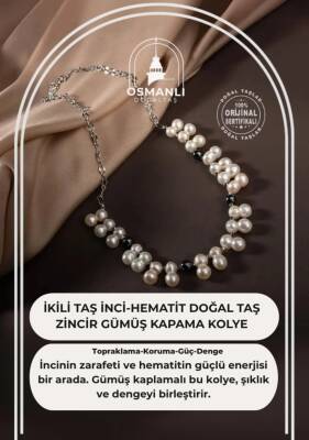 İkili Taş İnci-Hematit Doğal Taş Zincir Gümüş Kapama Kolye - 2