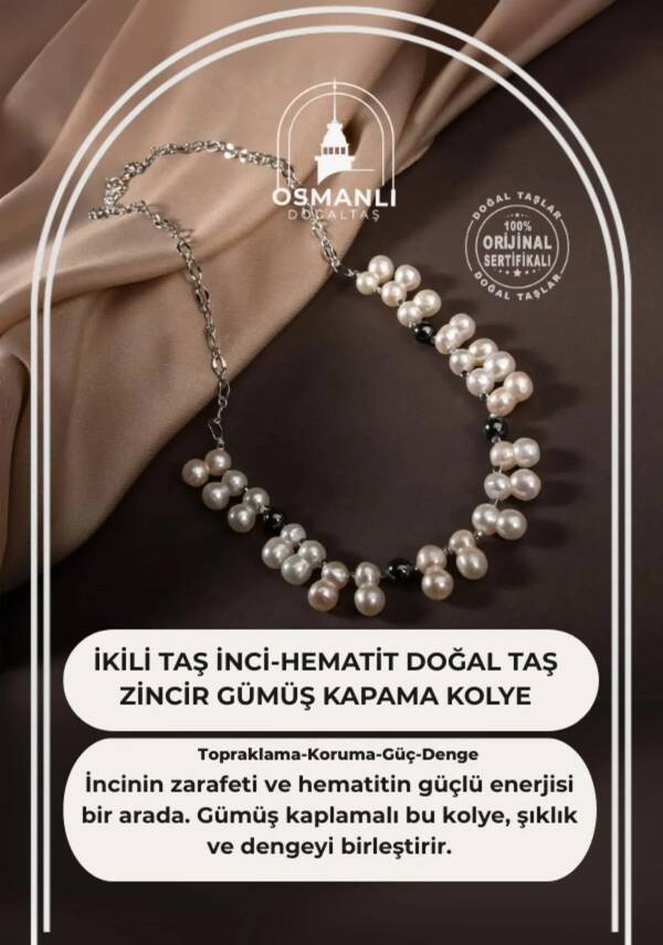 İkili Taş İnci-Hematit Doğal Taş Zincir Gümüş Kapama Kolye - 2