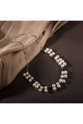 İkili Taş İnci-Hematit Doğal Taş Zincir Gümüş Kapama Kolye - 4