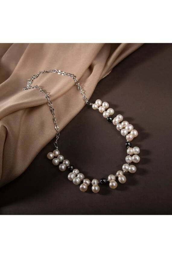 İkili Taş İnci-Hematit Doğal Taş Zincir Gümüş Kapama Kolye - 4