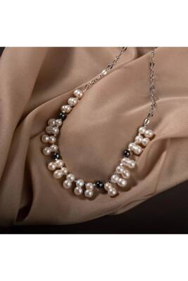 İkili Taş İnci-Hematit Doğal Taş Zincir Gümüş Kapama Kolye - 5