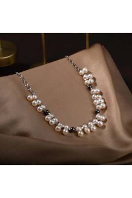 İkili Taş İnci-Hematit Doğal Taş Zincir Gümüş Kapama Kolye - 6