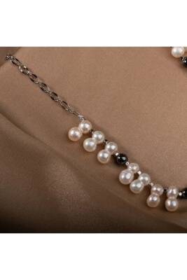 İkili Taş İnci-Hematit Doğal Taş Zincir Gümüş Kapama Kolye - 7