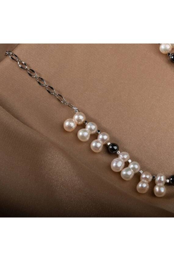 İkili Taş İnci-Hematit Doğal Taş Zincir Gümüş Kapama Kolye - 7