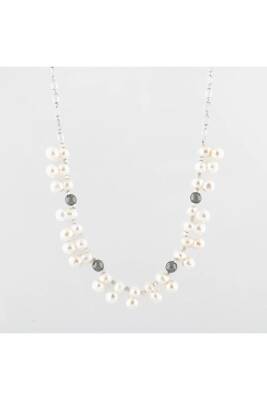 İkili Taş İnci-Hematit Doğal Taş Zincir Gümüş Kapama Kolye - 8