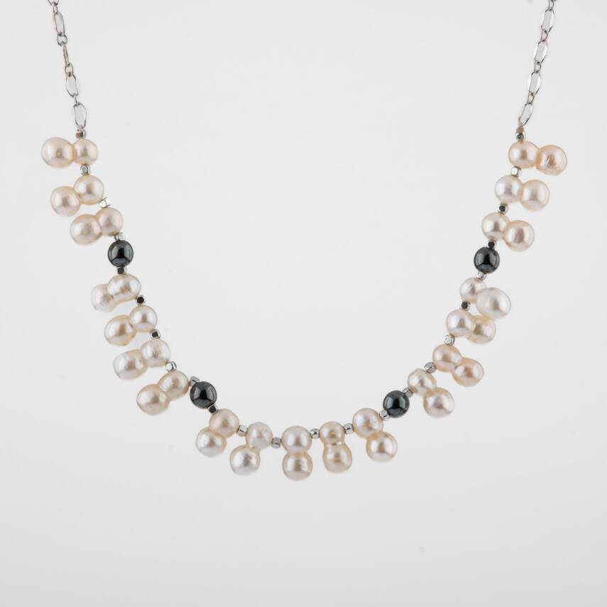 İkili Taş İnci-Hematit Doğal Taş Zincir Gümüş Kapama Kolye - 1