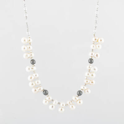 İkili Taş İnci-Hematit Doğal Taş Zincir Gümüş Kapama Kolye - 2