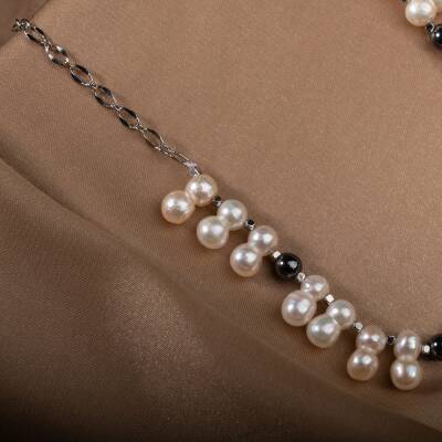 İkili Taş İnci-Hematit Doğal Taş Zincir Gümüş Kapama Kolye - 3