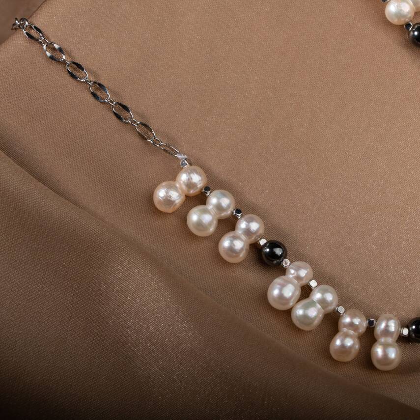 İkili Taş İnci-Hematit Doğal Taş Zincir Gümüş Kapama Kolye - 3