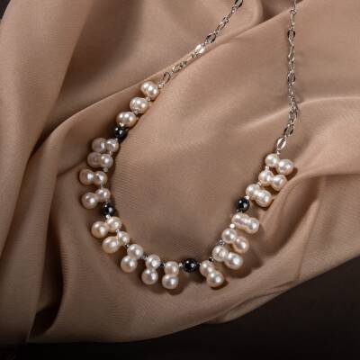 İkili Taş İnci-Hematit Doğal Taş Zincir Gümüş Kapama Kolye - 4