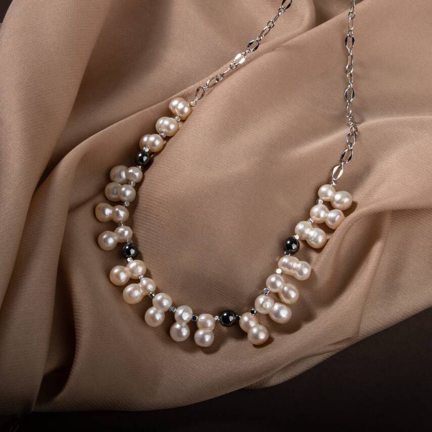 İkili Taş İnci-Hematit Doğal Taş Zincir Gümüş Kapama Kolye - 4