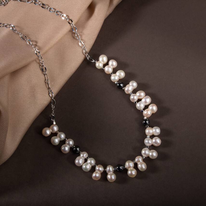 İkili Taş İnci-Hematit Doğal Taş Zincir Gümüş Kapama Kolye - 5