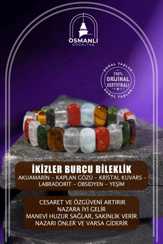 İkizler Burcu Bileklik Akuamarin, Kaplan Gözü, Kristal Kuvars, Labradorit, Obsidyen, Yeşim - 2