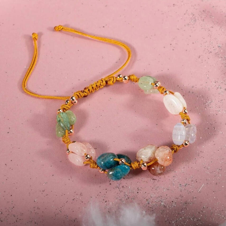 İkizler Burcu Bileklik Ay Taşı, Güneş Taşı, Kalsedon, Kiyanit, Mavi Apatit, Pembe Kuvars, Yeşil Aventurin - 4