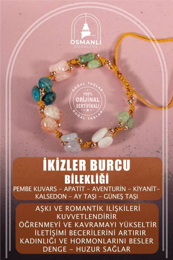 İkizler Burcu Bileklik Ay Taşı, Güneş Taşı, Kalsedon, Kiyanit, Mavi Apatit, Pembe Kuvars, Yeşil Aventurin - 1