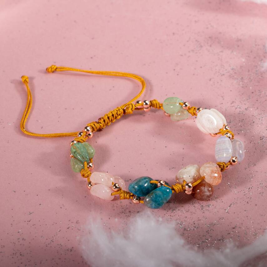 İkizler Burcu Bileklik Ay Taşı, Güneş Taşı, Kalsedon, Kiyanit, Mavi Apatit, Pembe Kuvars, Yeşil Aventurin - 3