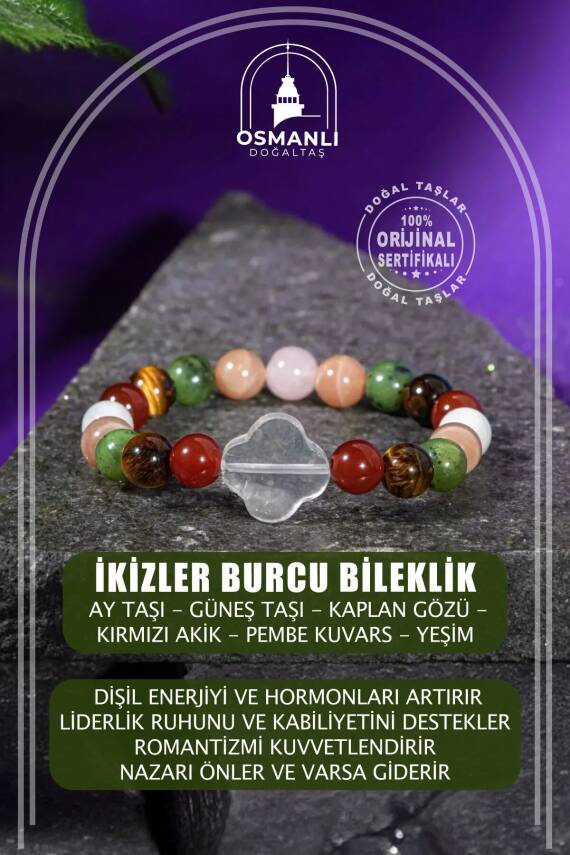 İkizler Burcu Bileklik Ay Taşı, Güneş Taşı, Kaplan Gözü, Kırmızı Akik, Pembe Kuvars, Yeşim - 2