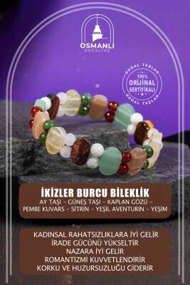 İkizler Burcu Bileklik Ay Taşı, Güneş Taşı, Kaplan Gözü, Pembe Kuvars, Sitrin, Yeşil Aventurin, Yeşim - 2