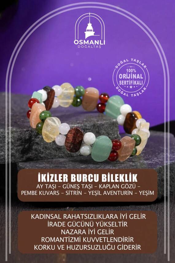 İkizler Burcu Bileklik Ay Taşı, Güneş Taşı, Kaplan Gözü, Pembe Kuvars, Sitrin, Yeşil Aventurin, Yeşim - 2