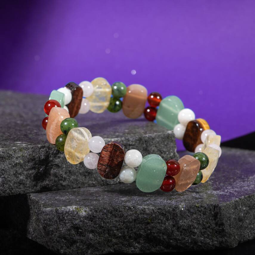 İkizler Burcu Bileklik Ay Taşı, Güneş Taşı, Kaplan Gözü, Pembe Kuvars, Sitrin, Yeşil Aventurin, Yeşim - 5