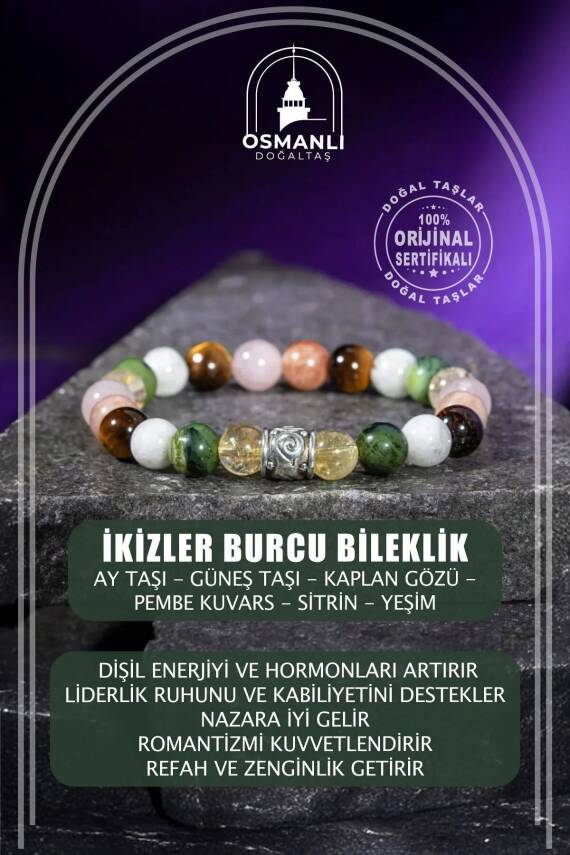 İkizler Burcu Bileklik Ay Taşı, Güneş Taşı, Kaplan Gözü, Pembe Kuvars, Sitrin, Yeşim - 2