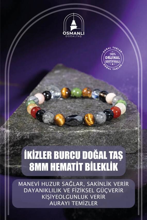 İkizler Burcu Bileklik Güneş Taşı, Kaplan Gözü, Kırmızı Akik, Kristal Kuvars, Rutilli Kuvars, Sitrin, Yeşim - 2