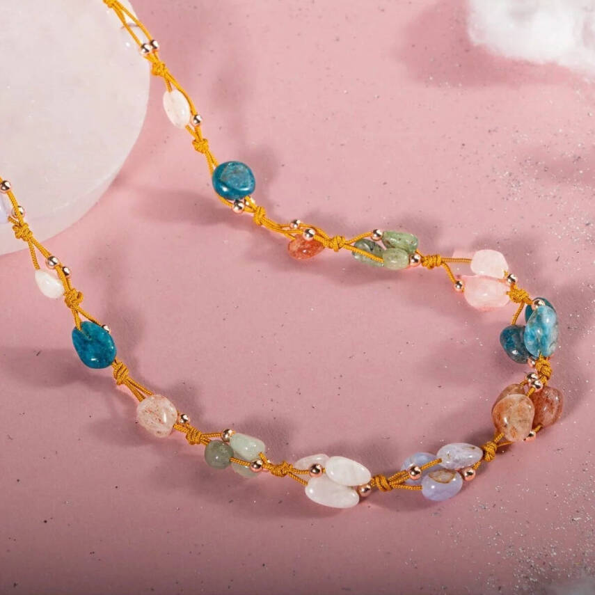 İkizler Burcu Kolye Ay Taşı, Güneş Taşı, Kalsedon, Kiyanit, Mavi Apatit, Pembe Kuvars, Yeşil Aventurin - 5