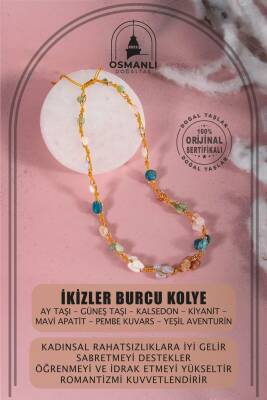 İkizler Burcu Kolye Ay Taşı, Güneş Taşı, Kalsedon, Kiyanit, Mavi Apatit, Pembe Kuvars, Yeşil Aventurin - Osmanlı Doğaltaş