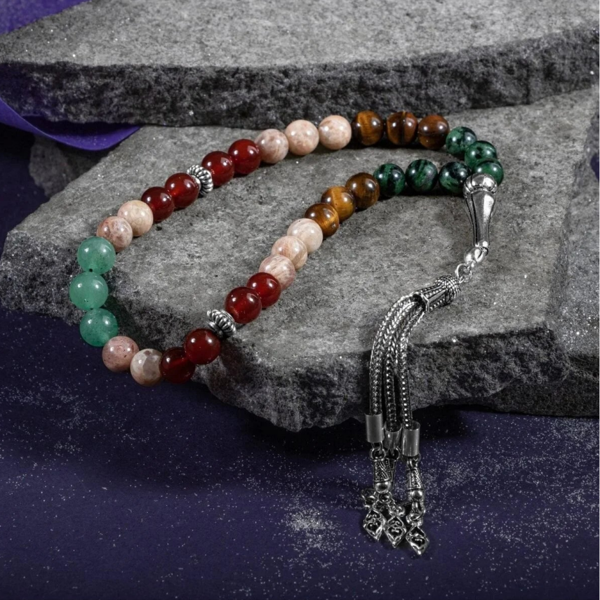 İkizler Burcu Tesbih Anyolit, Güneş Taşı, Kaplan Gözü, Kırmızı Akik, Yeşil Aventurin - 1