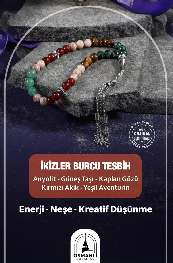 İkizler Burcu Tesbih Anyolit, Güneş Taşı, Kaplan Gözü, Kırmızı Akik, Yeşil Aventurin - 2