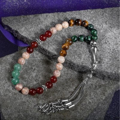 İkizler Burcu Tesbih Anyolit, Güneş Taşı, Kaplan Gözü, Kırmızı Akik, Yeşil Aventurin - 3