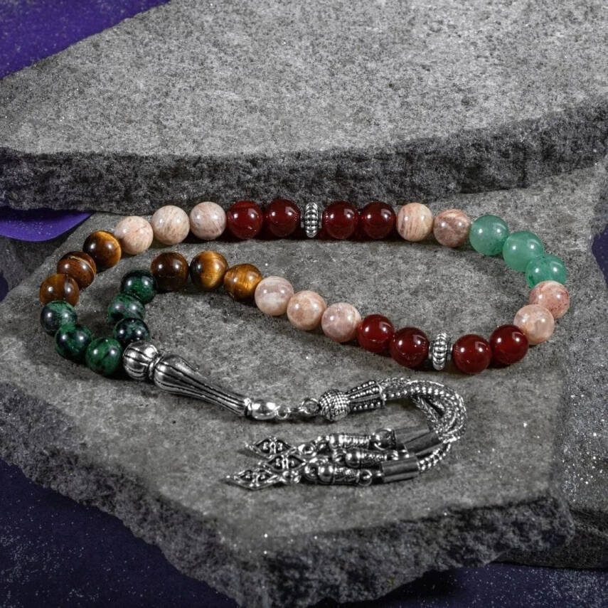 İkizler Burcu Tesbih Anyolit, Güneş Taşı, Kaplan Gözü, Kırmızı Akik, Yeşil Aventurin - 5