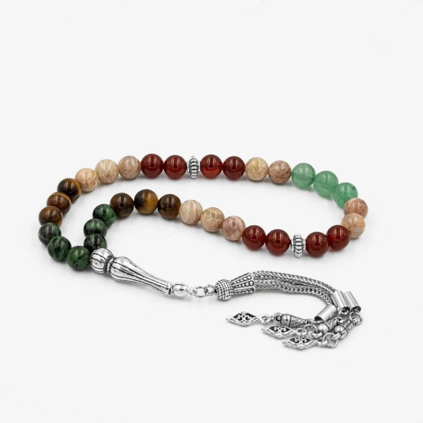 İkizler Burcu Tesbih Anyolit, Güneş Taşı, Kaplan Gözü, Kırmızı Akik, Yeşil Aventurin - 8