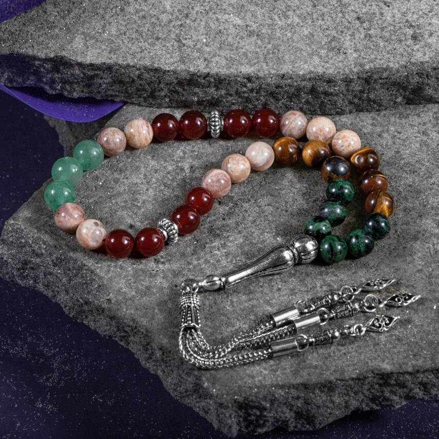 İkizler Burcu Tesbih Anyolit, Güneş Taşı, Kaplan Gözü, Kırmızı Akik, Yeşil Aventurin - 4