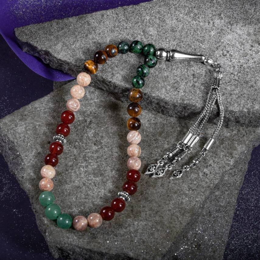 İkizler Burcu Tesbih Anyolit, Güneş Taşı, Kaplan Gözü, Kırmızı Akik, Yeşil Aventurin - 5