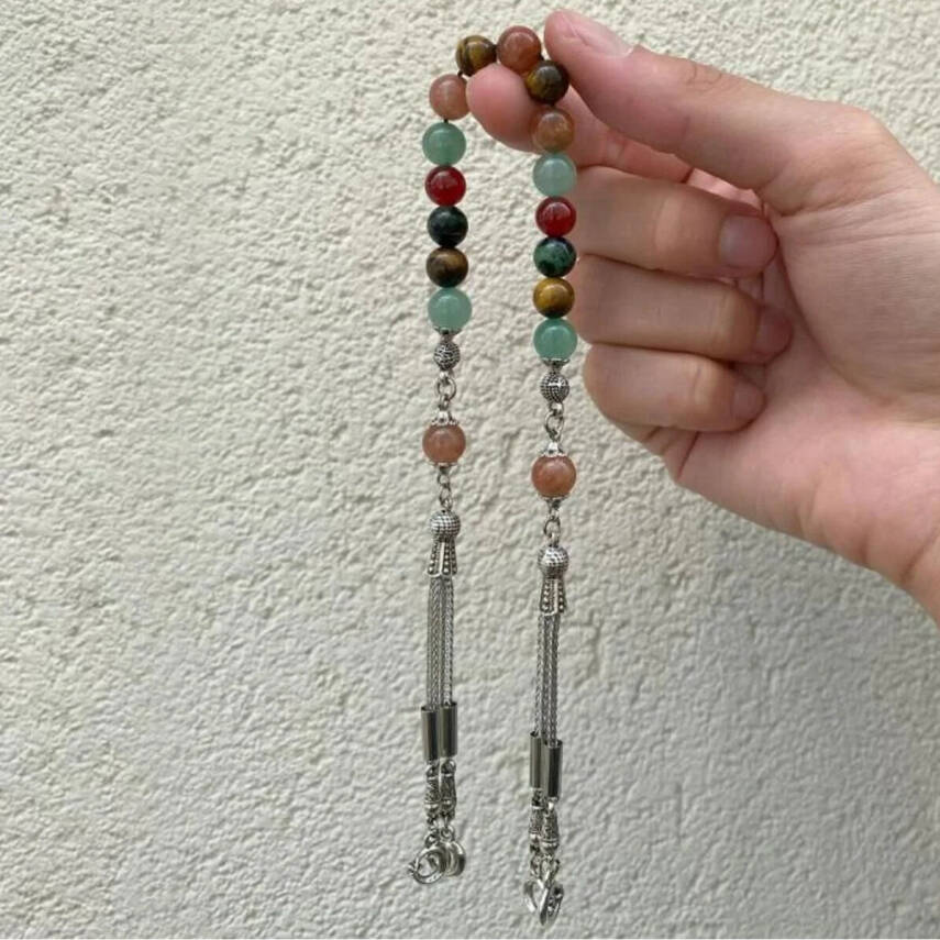 İkizler Burcu Zaza Tesbih Anyolit, Güneş Taşı, Kaplan Gözü, Kırmızı Akik, Yeşil Aventurin - 1