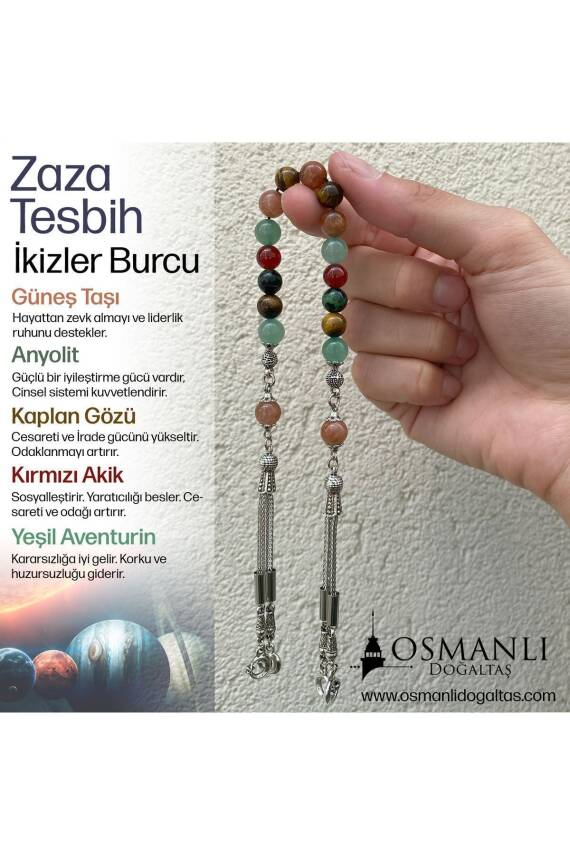 İkizler Burcu Zaza Tesbih Anyolit, Güneş Taşı, Kaplan Gözü, Kırmızı Akik, Yeşil Aventurin - 3