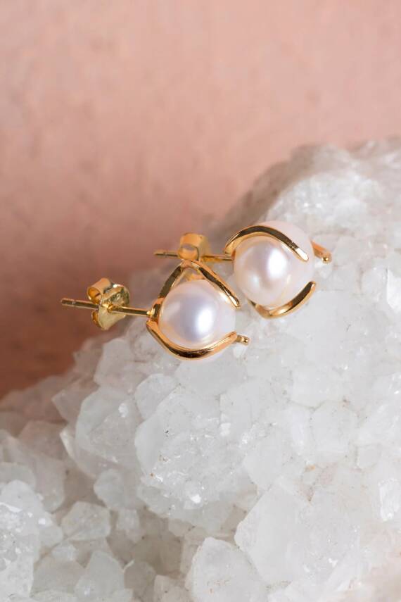 İnci Altın Kaplama Doğal Taş Küpe - 3