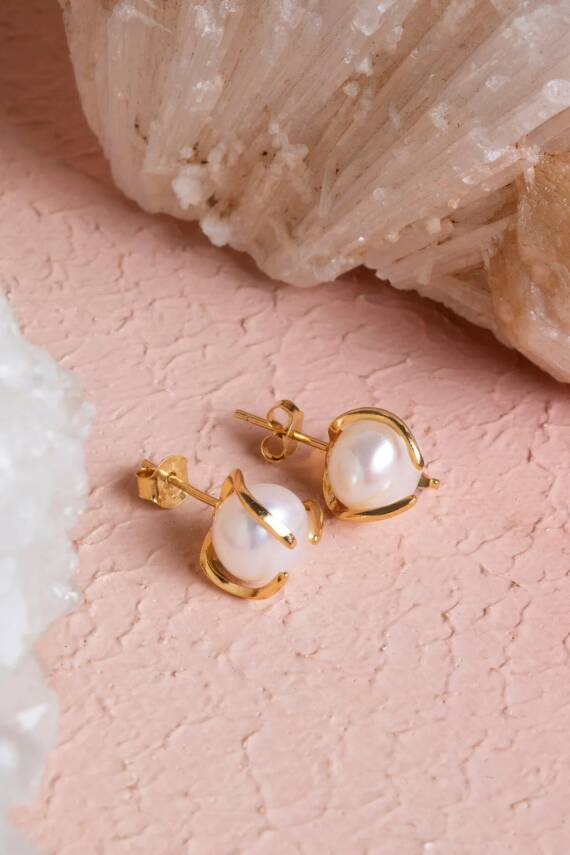 İnci Altın Kaplama Doğal Taş Küpe - 4